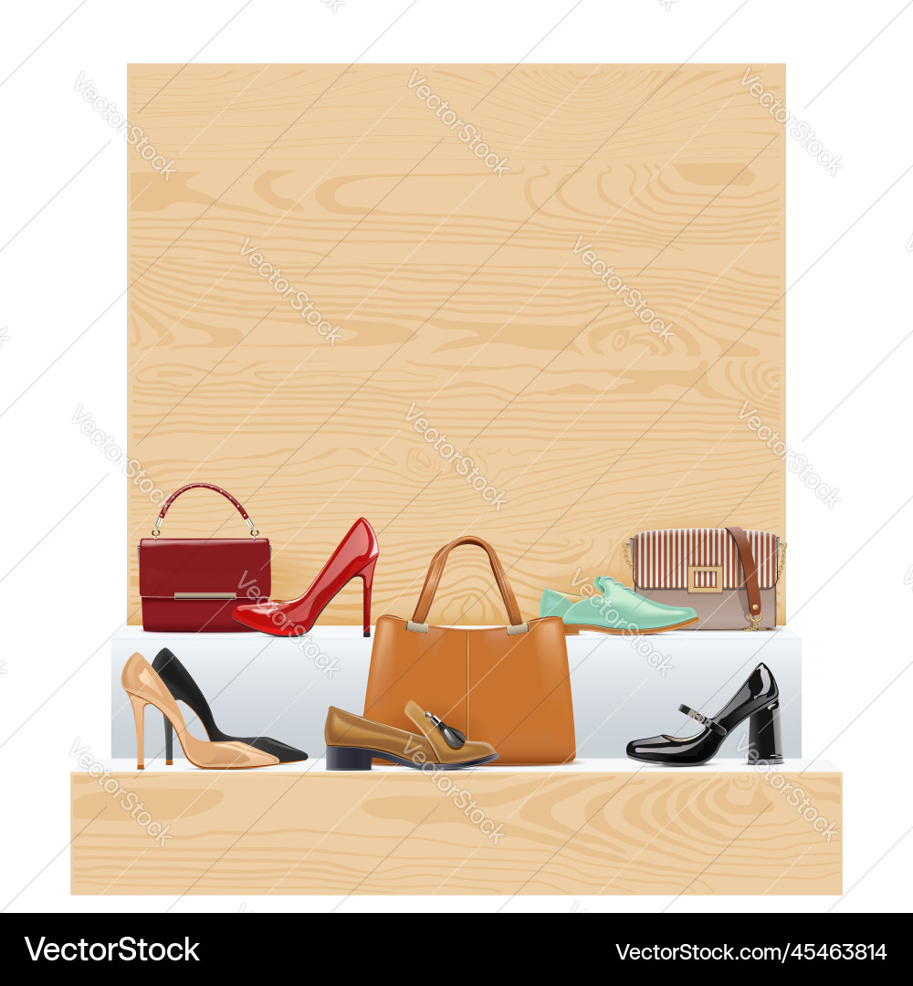 Stand with shoes and handbags Stand with shoes and handbags vector image