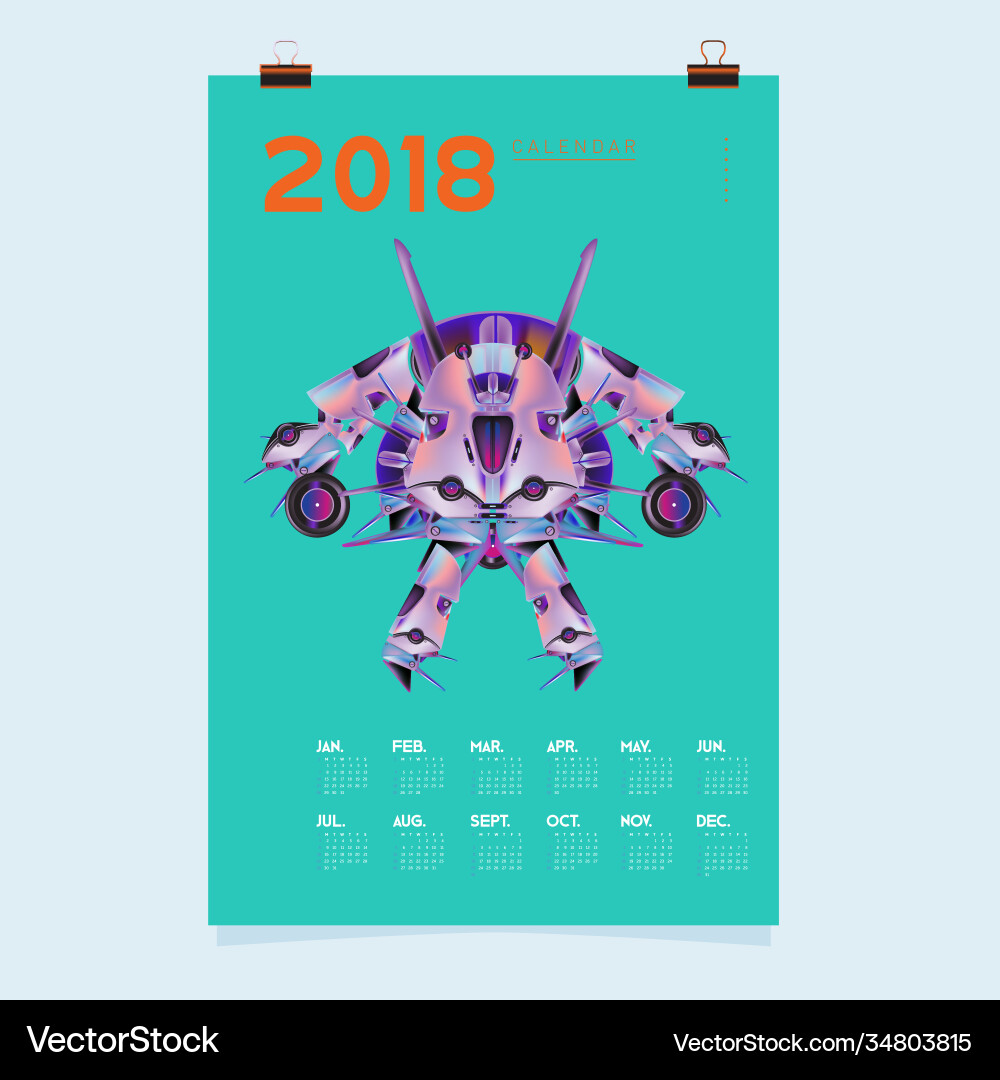2018 calendar design template 3d realistic robot 2018 calendar design template 3d realistic robot vector image