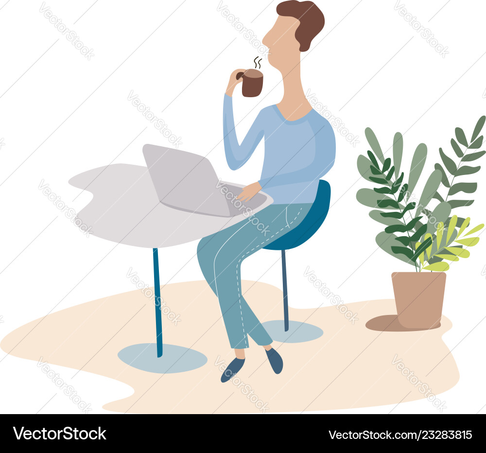 Man working on internet using laptop and drinking Vector Image