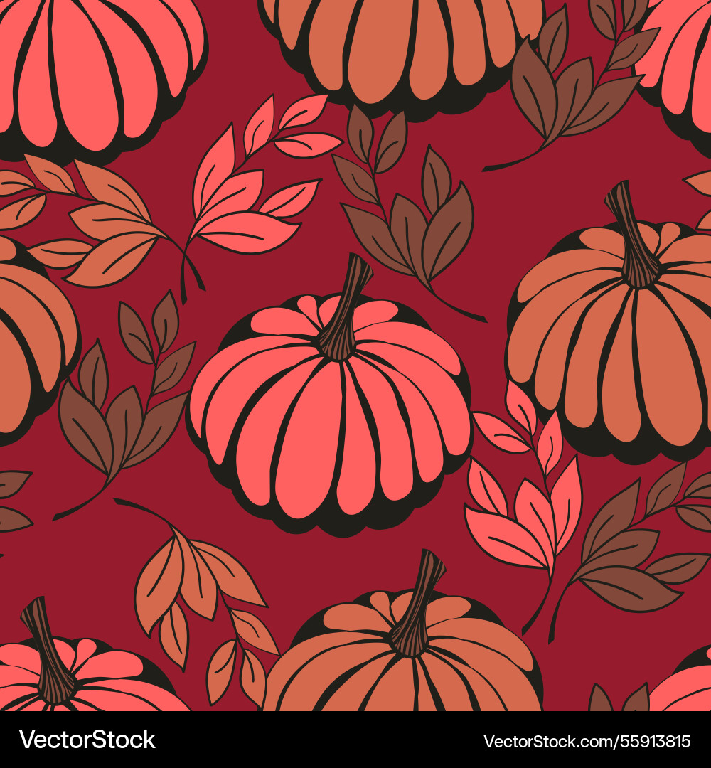 Seamless pattern with pumpkins on color background Vector Image
