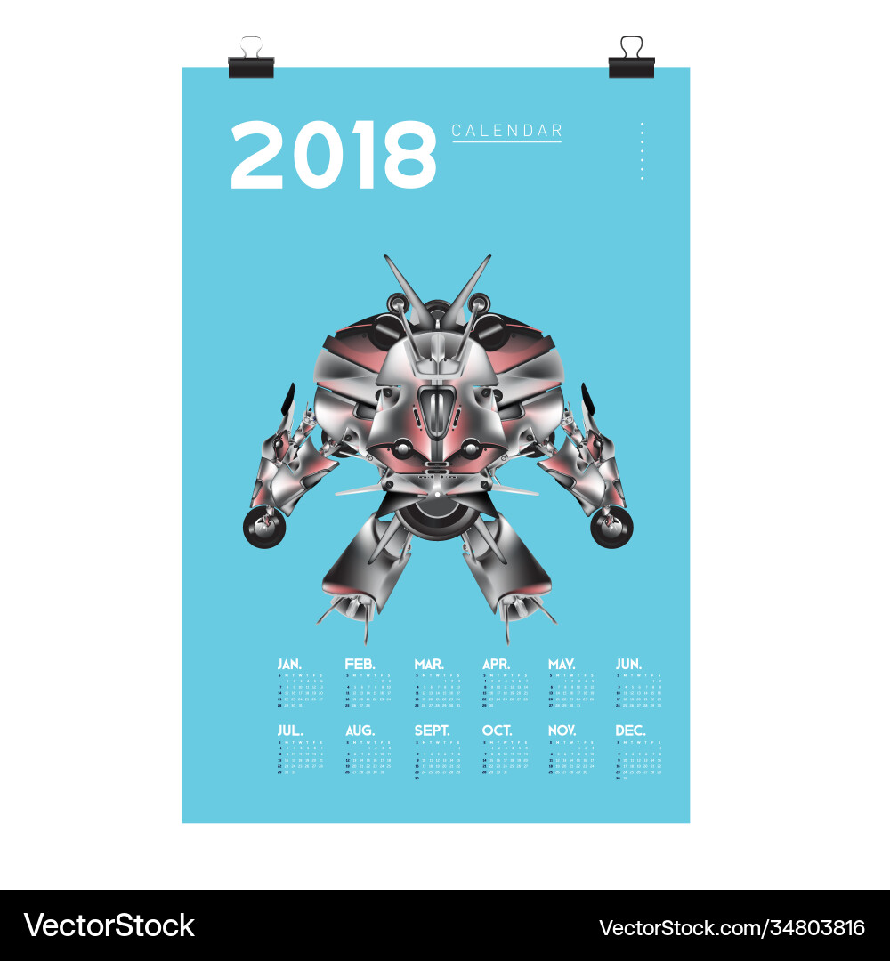 2018 calendar design template 3d realistic robot 2018 calendar design template 3d realistic robot vector image