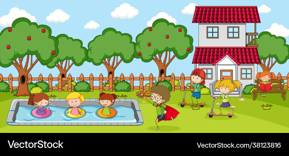 Playground scene with many kids doodle cartoon Playground scene with many kids doodle cartoon Vector Image