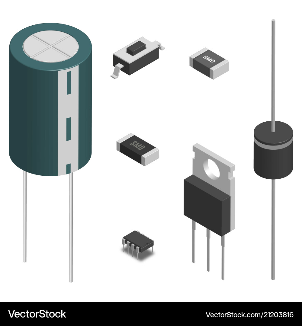 Set of different electronic components in 3d Set of different electronic components in 3d Vector Image