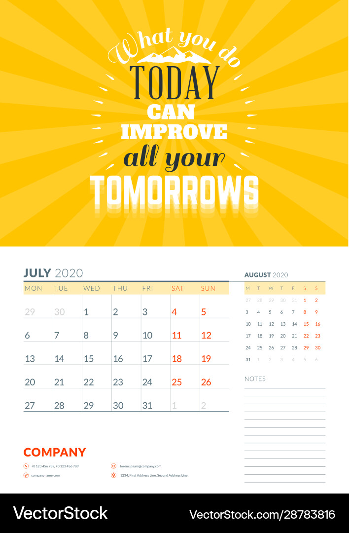 Wall calendar template for july 2020 design print Vector Image