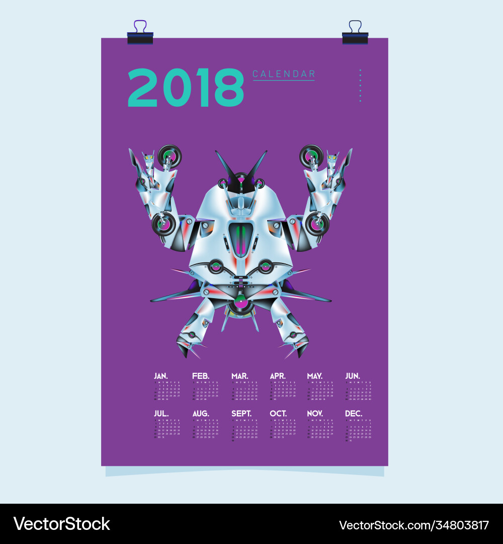 2018 calendar design template 3d realistic robot 2018 calendar design template 3d realistic robot vector image