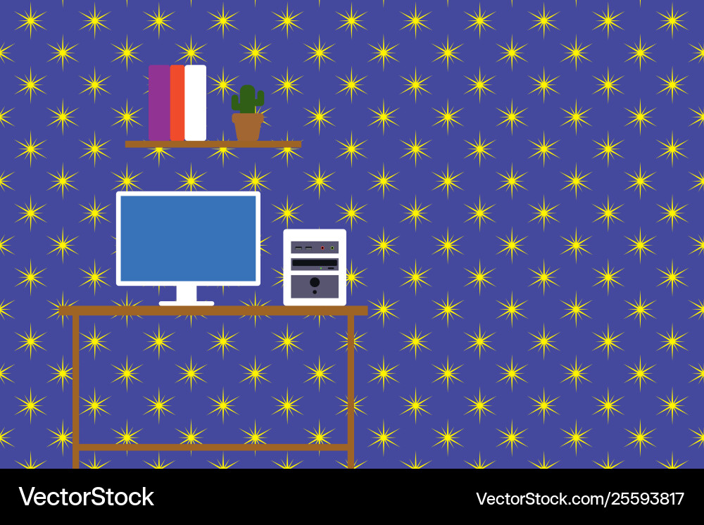 Desktop computer wooden table background shelf Desktop computer wooden table background shelf vector image