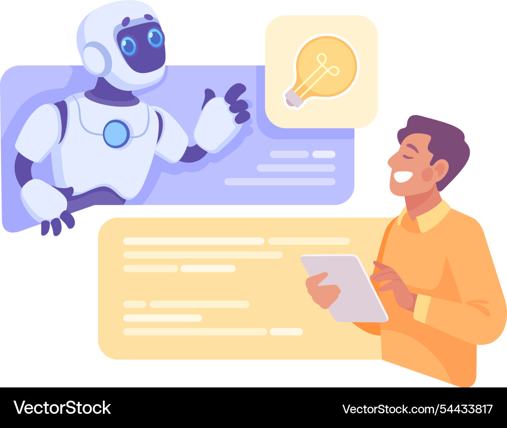 Robot character interact with man as smart android Robot character interact with man as smart android Vector Image
