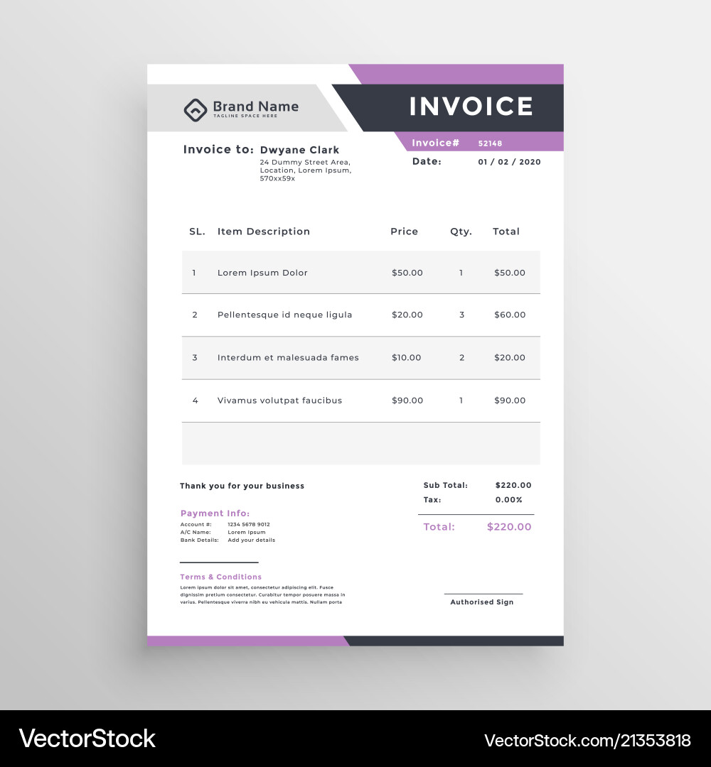 Elegant invoice template in minimal style vector image