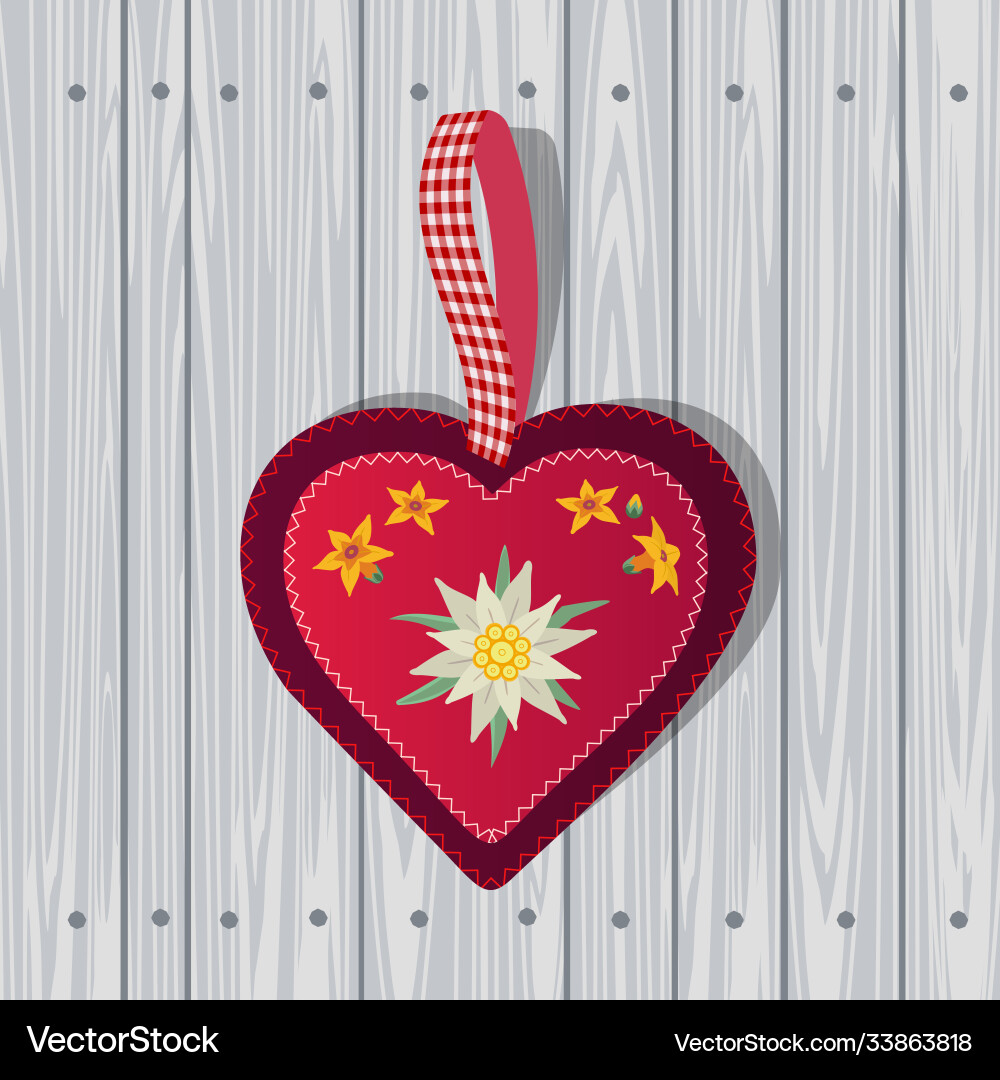 Hand drawn edelweiss in red heart on wooden Hand drawn edelweiss in red heart on wooden vector image
