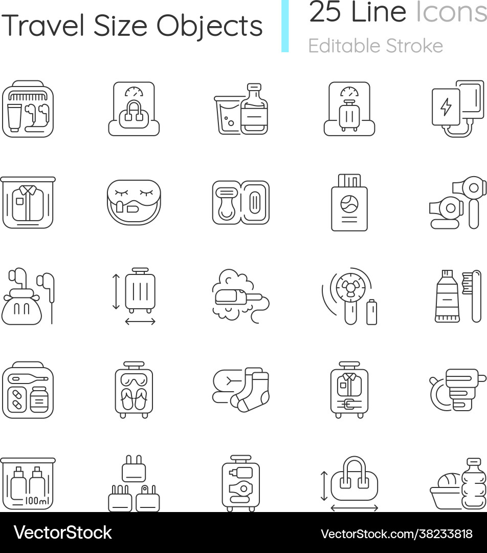 Travel size objects linear icons set Travel size objects linear icons set vector image