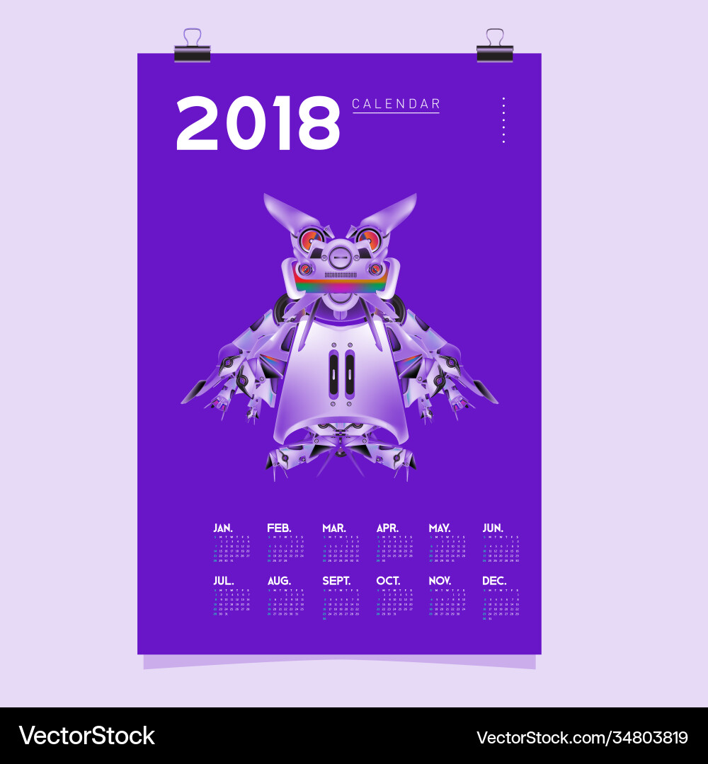 2018 calendar design template 3d realistic robot vector image