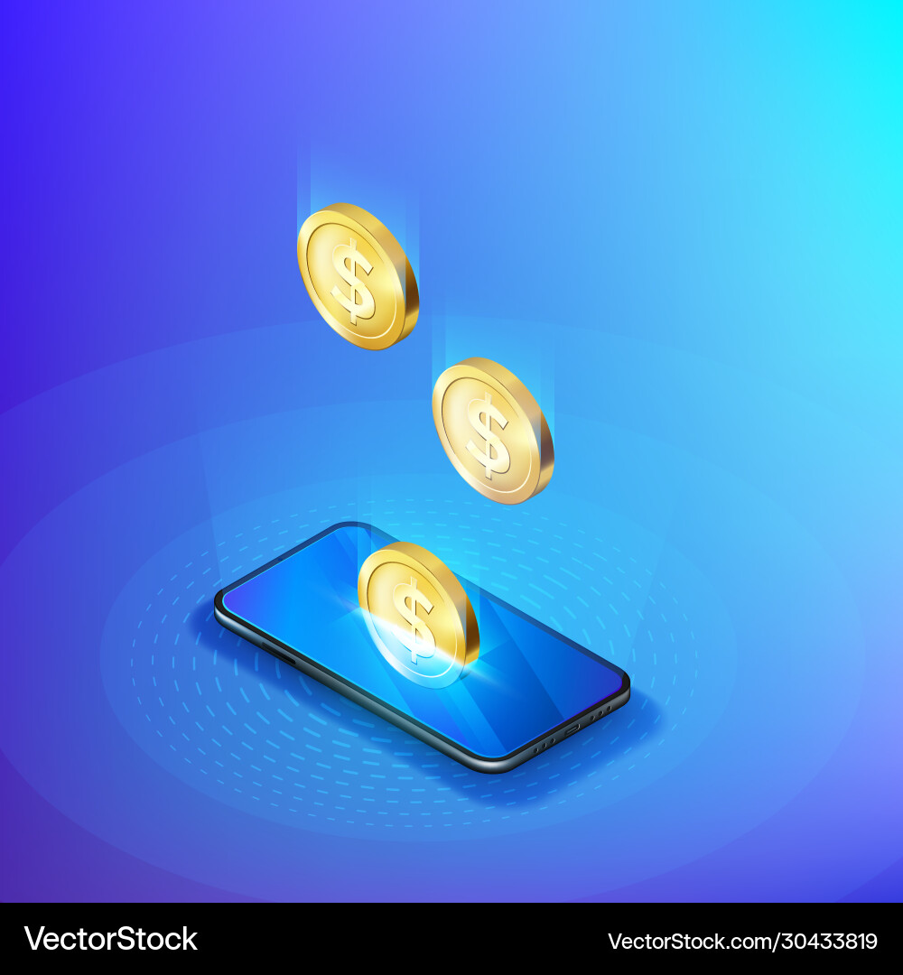 Coin drops into mobile phone isometric banner Coin drops into mobile phone isometric banner vector image