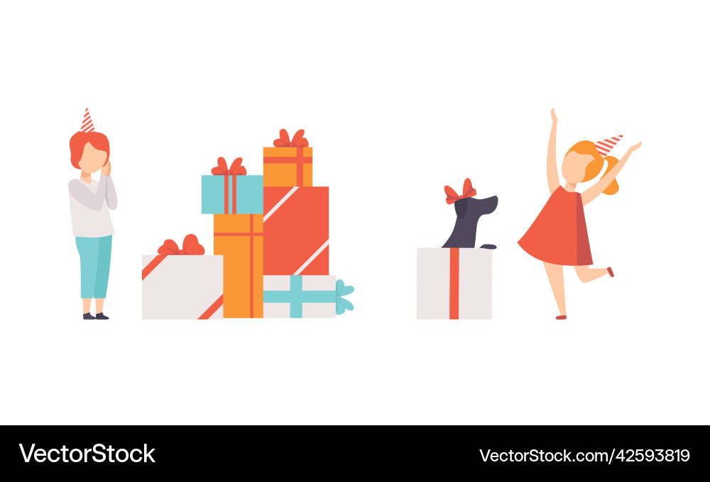 Happy children in birthday hat near gift box Happy children in birthday hat near gift box vector image