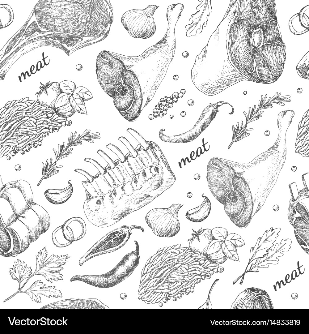 Seamless pattern with different meat products vector image