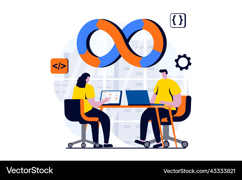 Devops Konzept mit Menschen Szene in flacher Karikatur Devops Konzept mit Menschen Szene in flacher Karikatur vektorbild