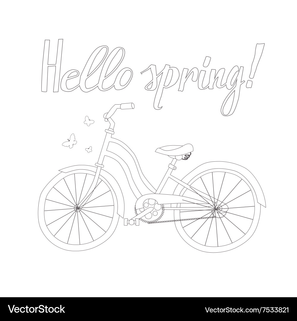 Outline of a bicycle with the words hello spring Vector Image