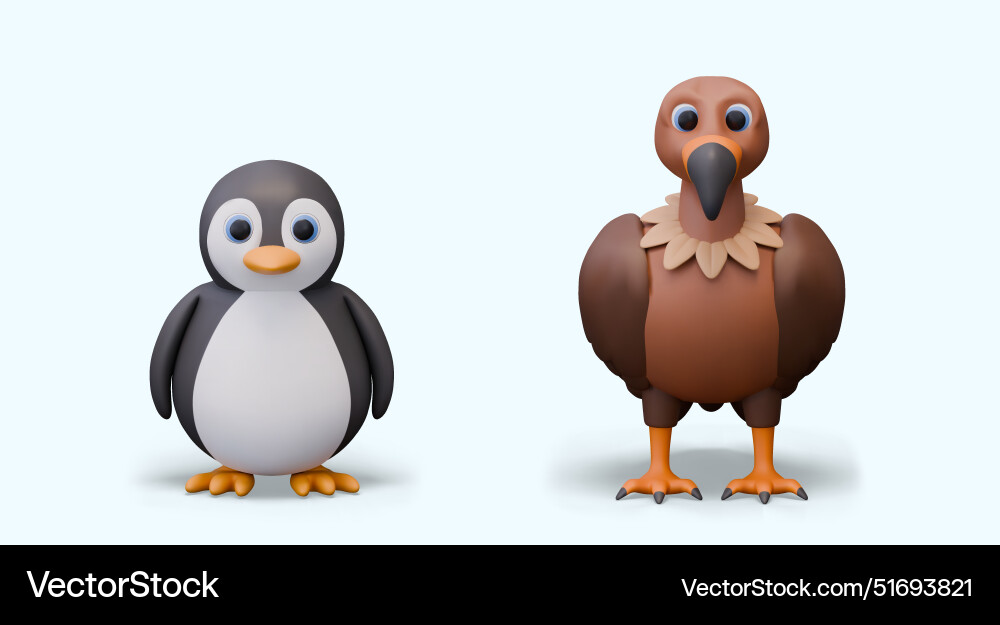 Penguin and vulture in realistic style front view Vector Image
