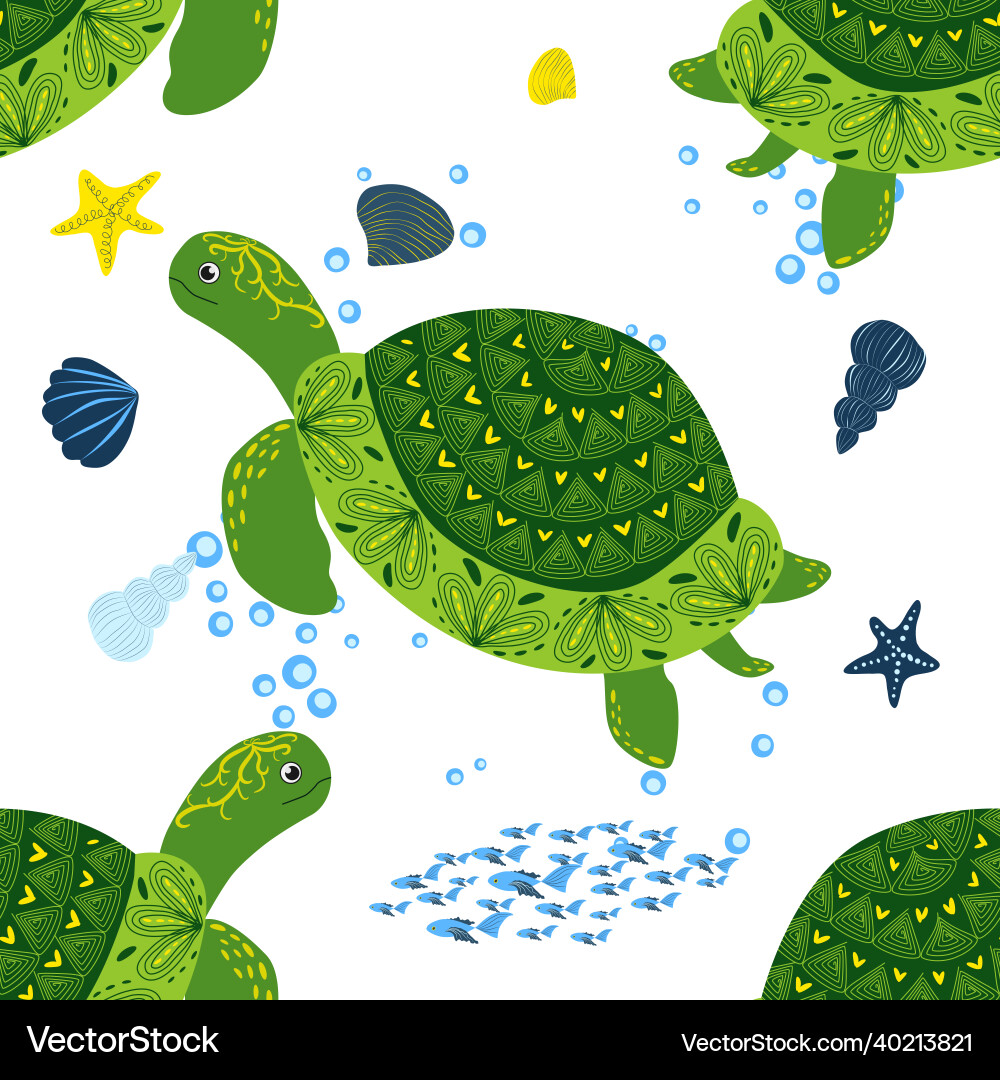 Turtle green seamless pattern beautiful character Turtle green seamless pattern beautiful character vector image