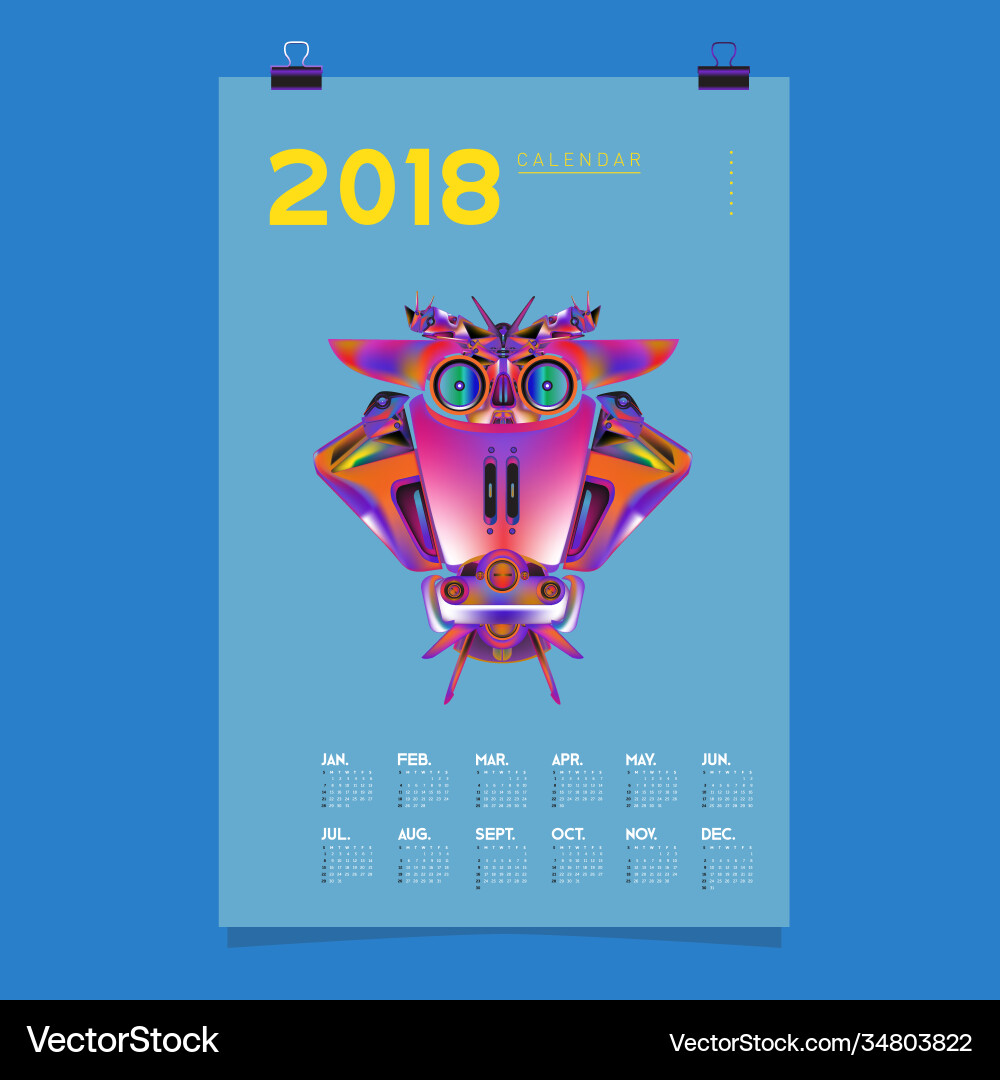 2018 calendar design template 3d realistic robot 2018 calendar design template 3d realistic robot vector image
