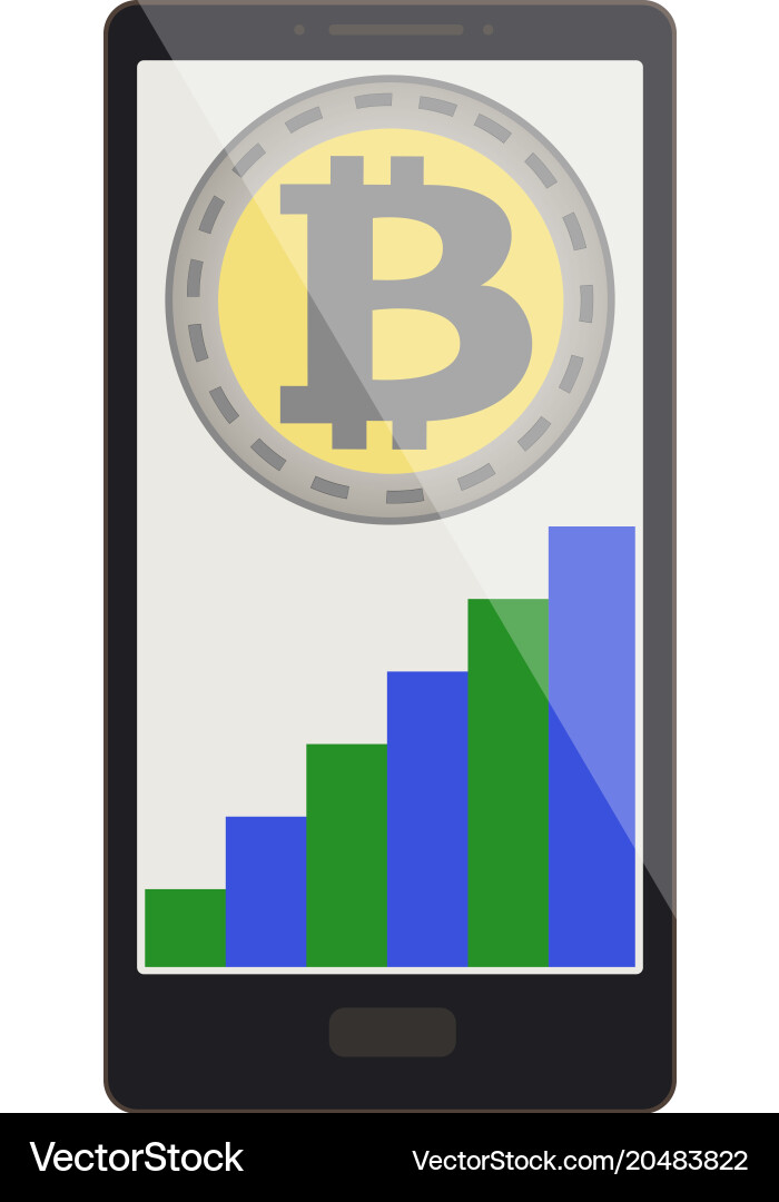 Bitcoin coin with growth graph on a phone screen vector image
