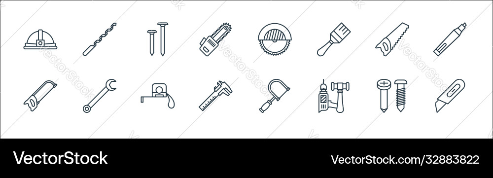 Carpentry line icons linear set quality Carpentry line icons linear set quality vector image