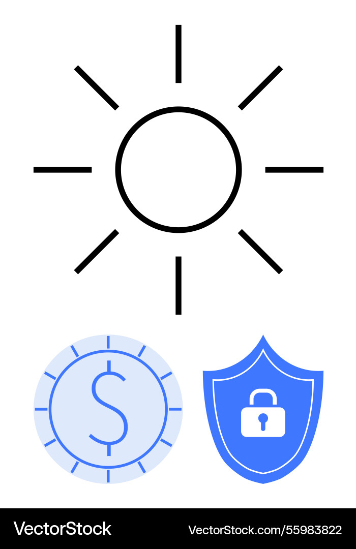 Sun with currency and shield symbols representing Vector Image
