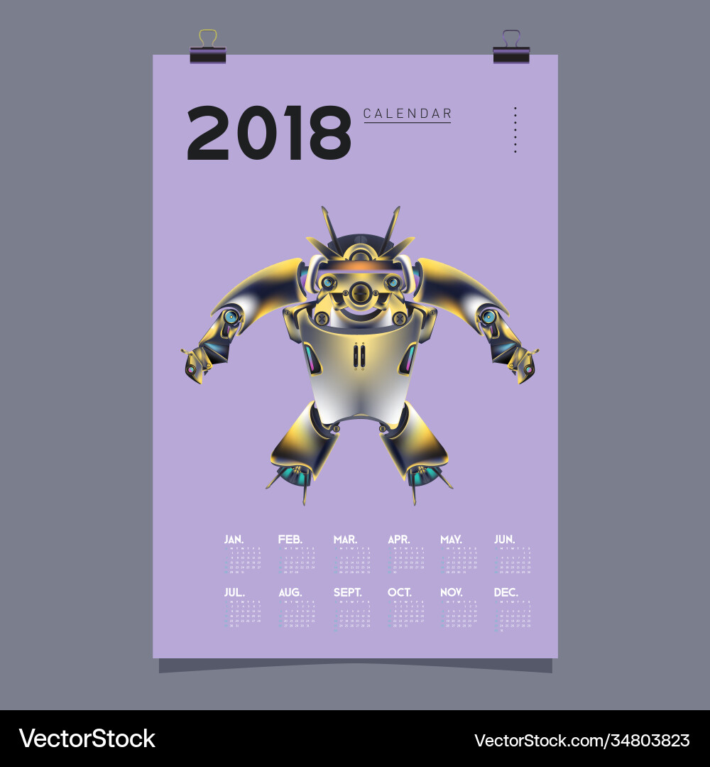 2018 calendar design template 3d realistic robot 2018 calendar design template 3d realistic robot vector image