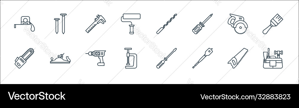 Carpentry line icons linear set quality Carpentry line icons linear set quality vector image