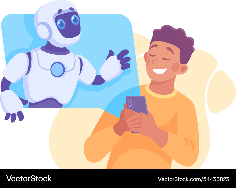 Man use smartphone app with robot character Man use smartphone app with robot character vector image