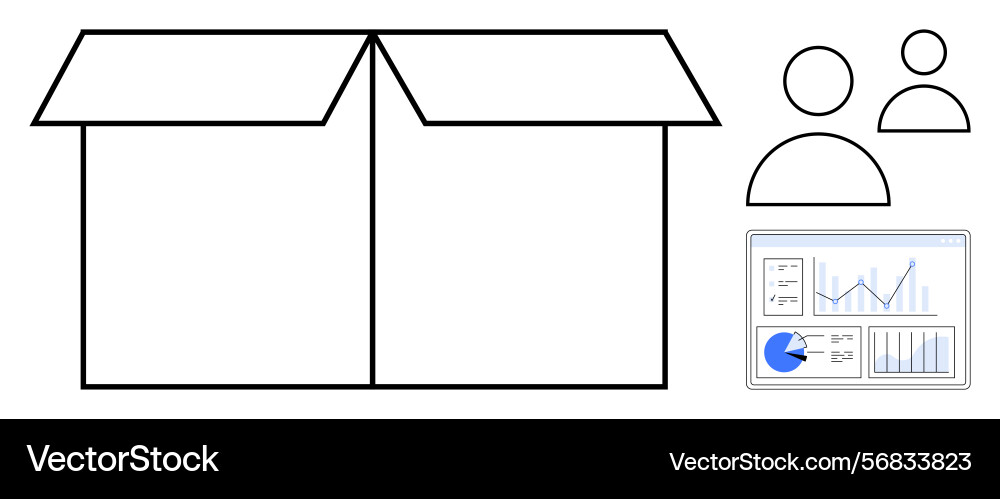 Open box with analytics dashboard and user icons Open box with analytics dashboard and user icons vector image