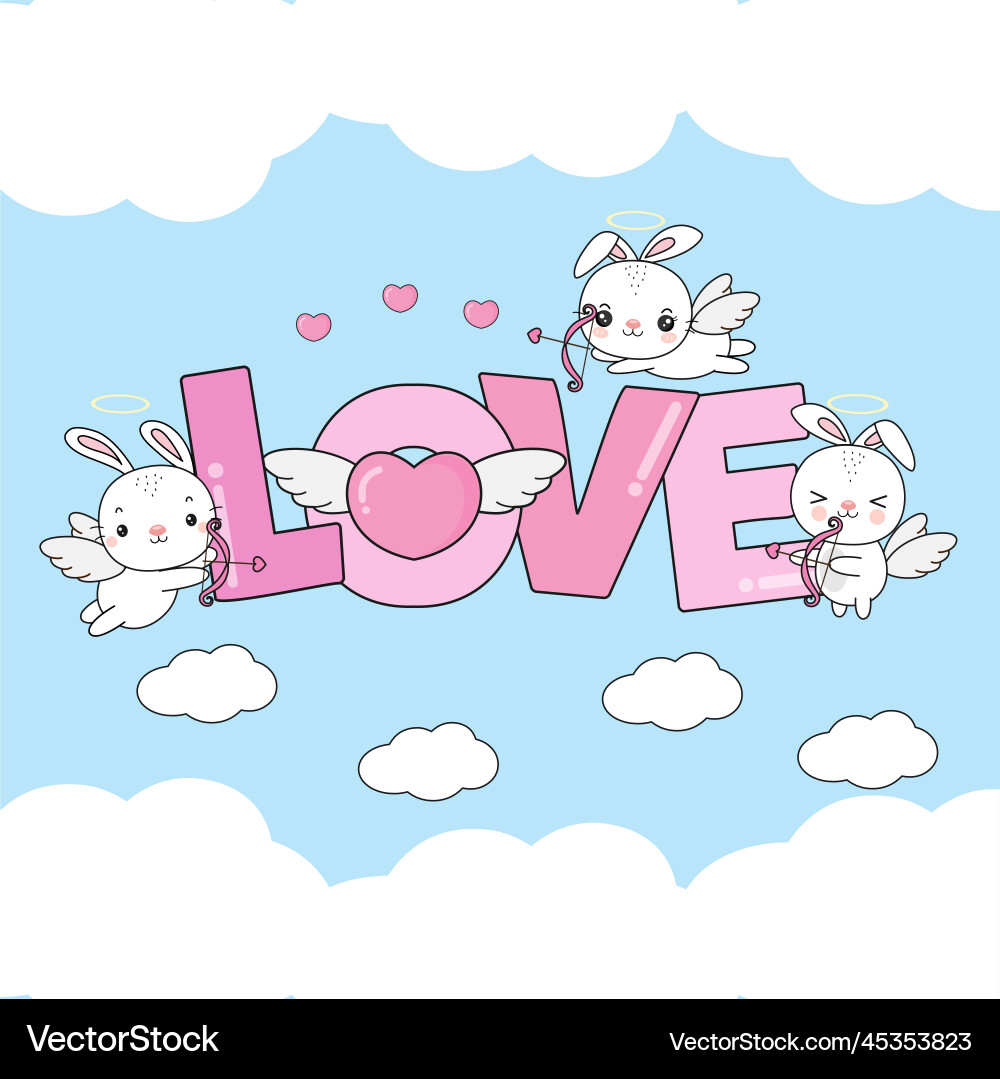 Süße bunny Cupids fliegen in den Wolken Süße bunny Cupids fliegen in den Wolken vektorbild