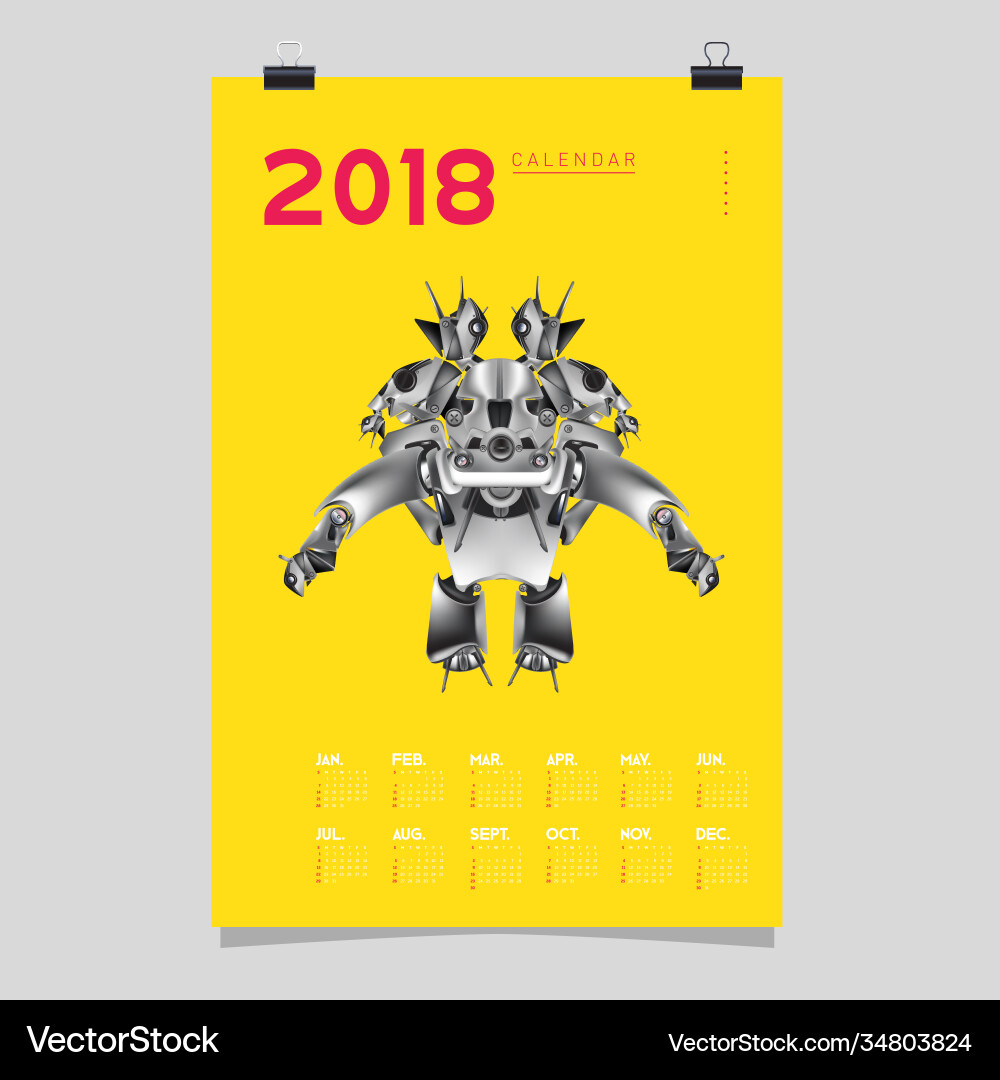 2018 calendar design template 3d realistic robot vector image