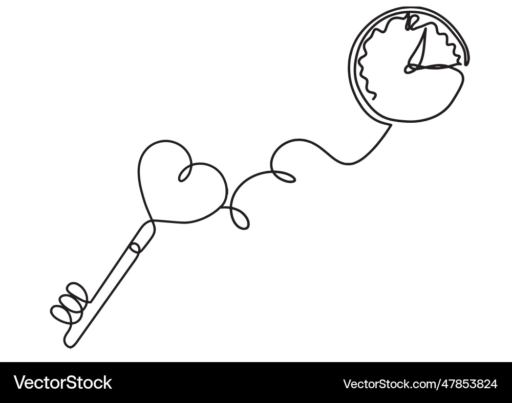 Abstract heart-key with clock as continuous line vector image