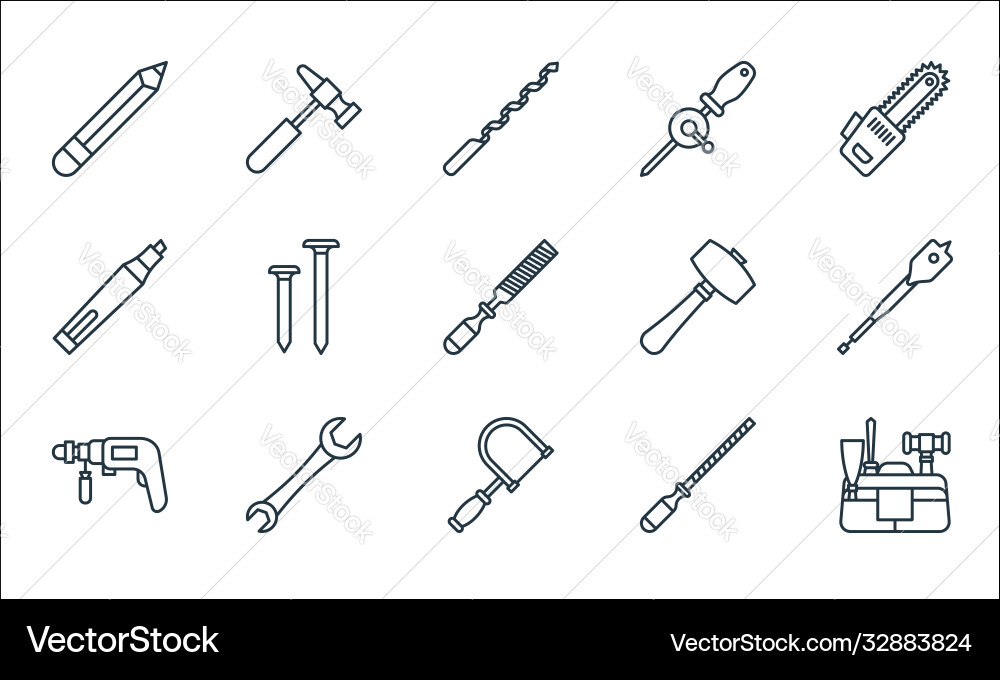 Carpentry line icons linear set quality Carpentry line icons linear set quality vector image