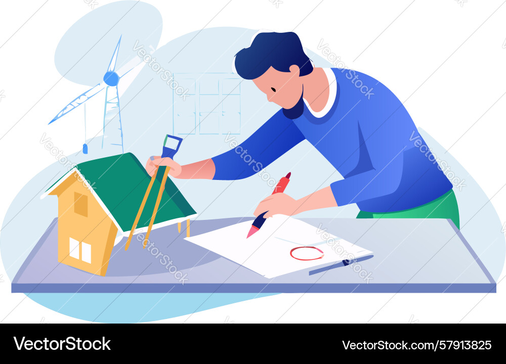 Architect or engineer working on blueprints Vector Image