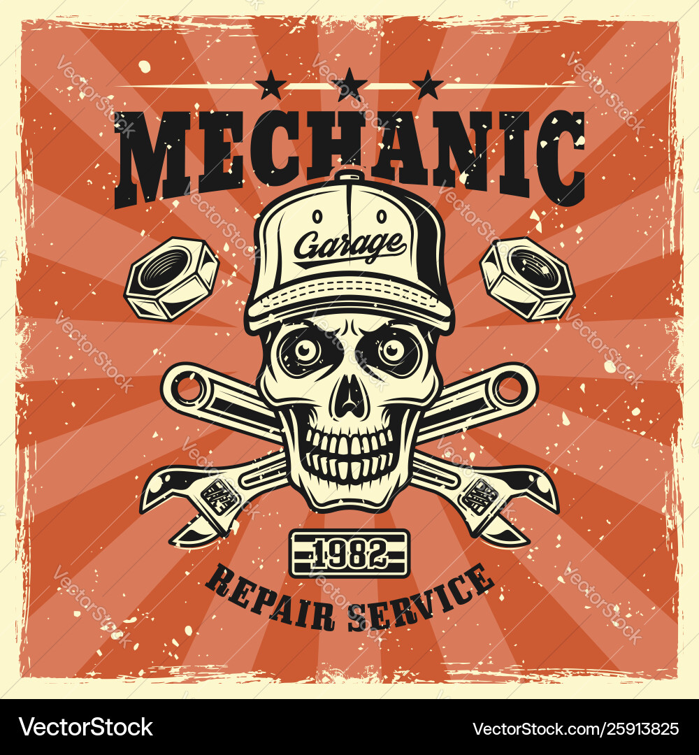 Mechanic skull in cap and wrenches emblem Vector Image