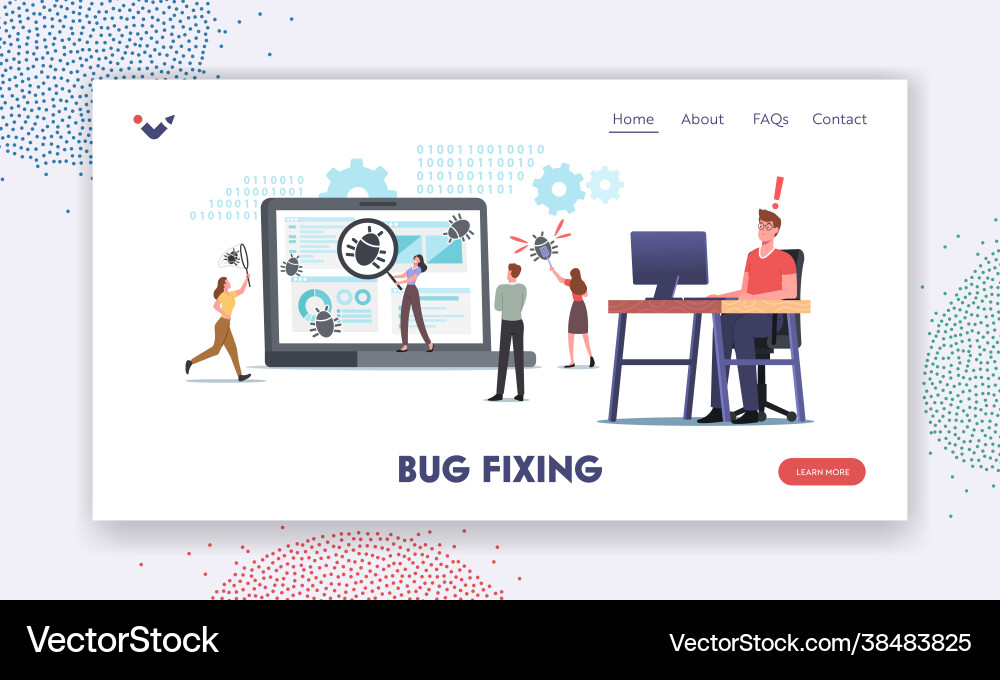 Tiny characters fixing bugs on huge pc landing Tiny characters fixing bugs on huge pc landing vector image