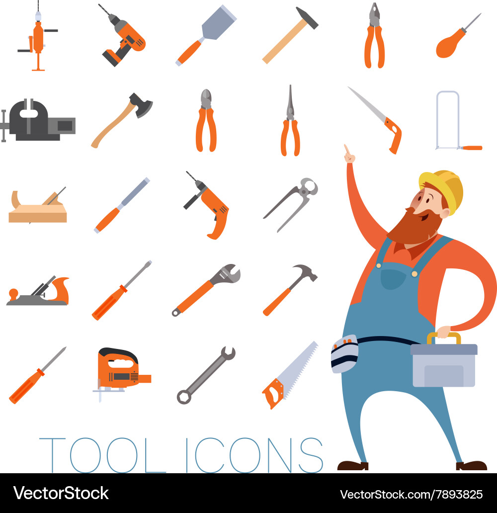 Tool icons set with a worker Vector Image