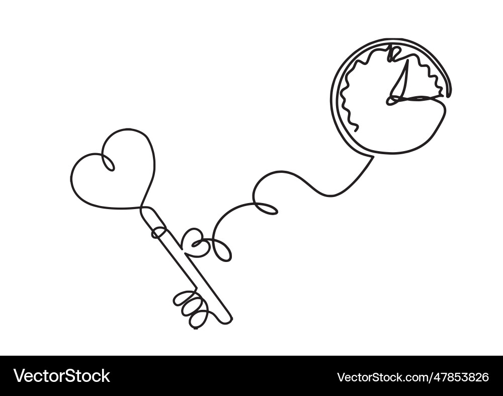 Abstract heart-key with clock as continuous line Vector Image