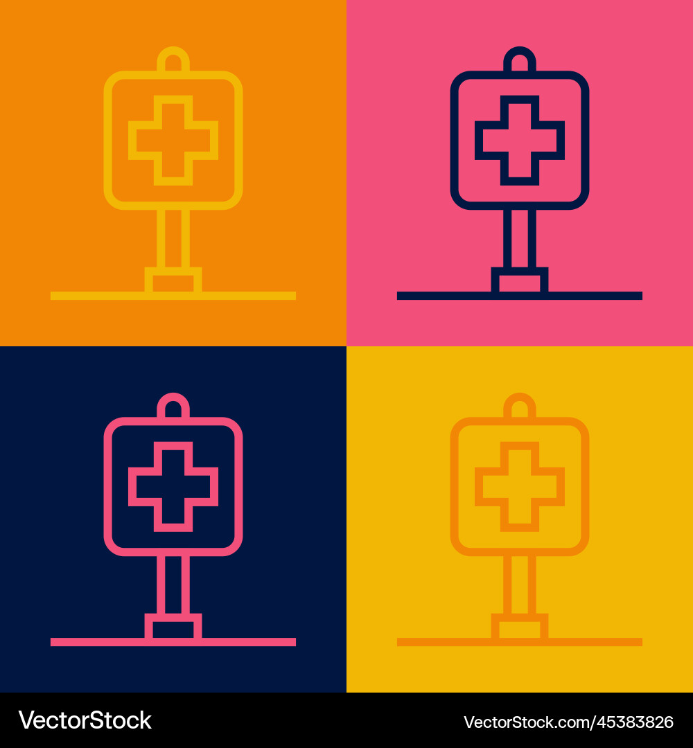 Pop art line medical map pointer with cross vector image