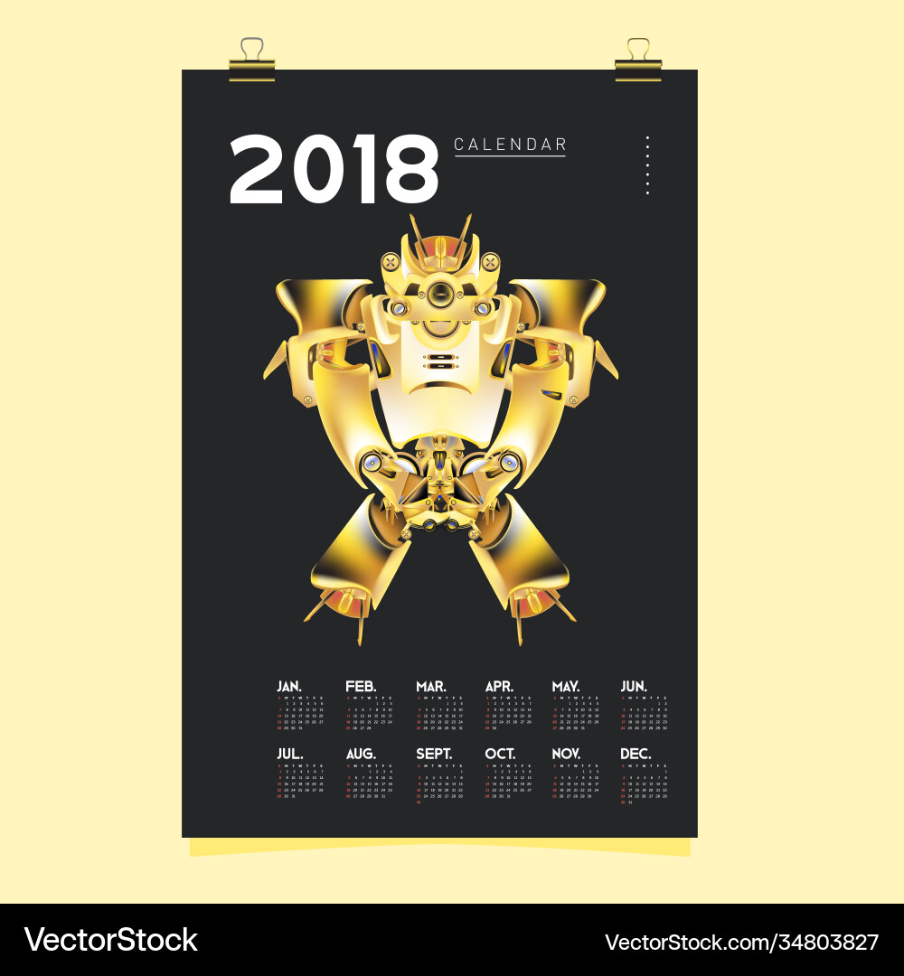 2018 calendar design template 3d realistic robot vector image