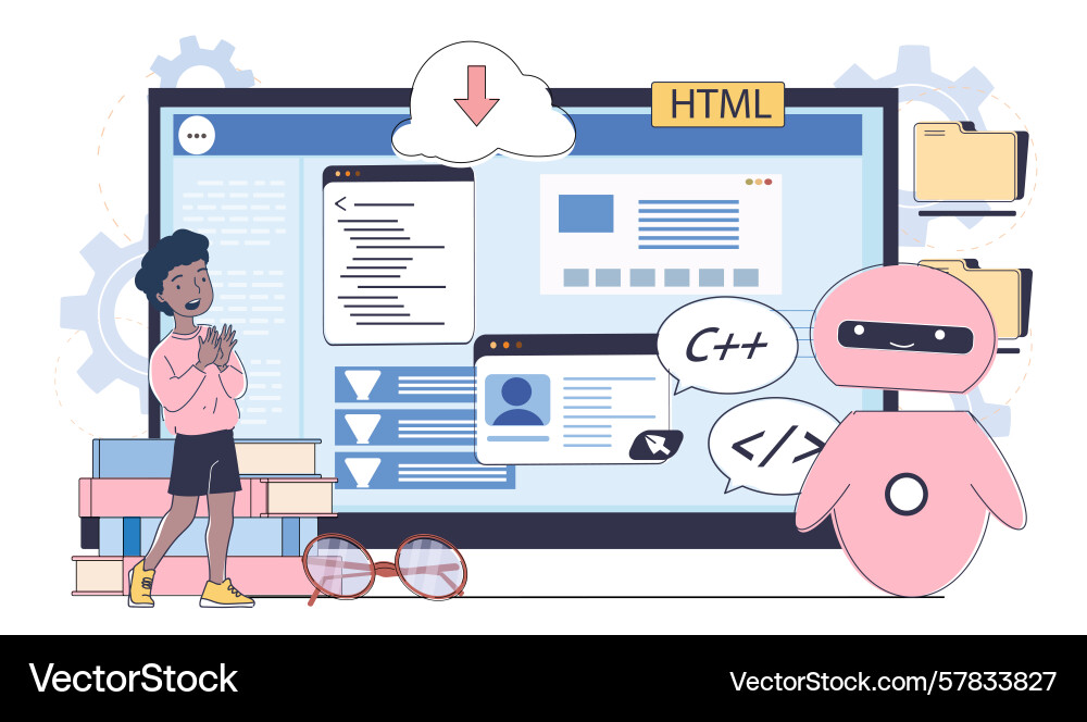 Child learning coding with robot assistant Child learning coding with robot assistant vector image