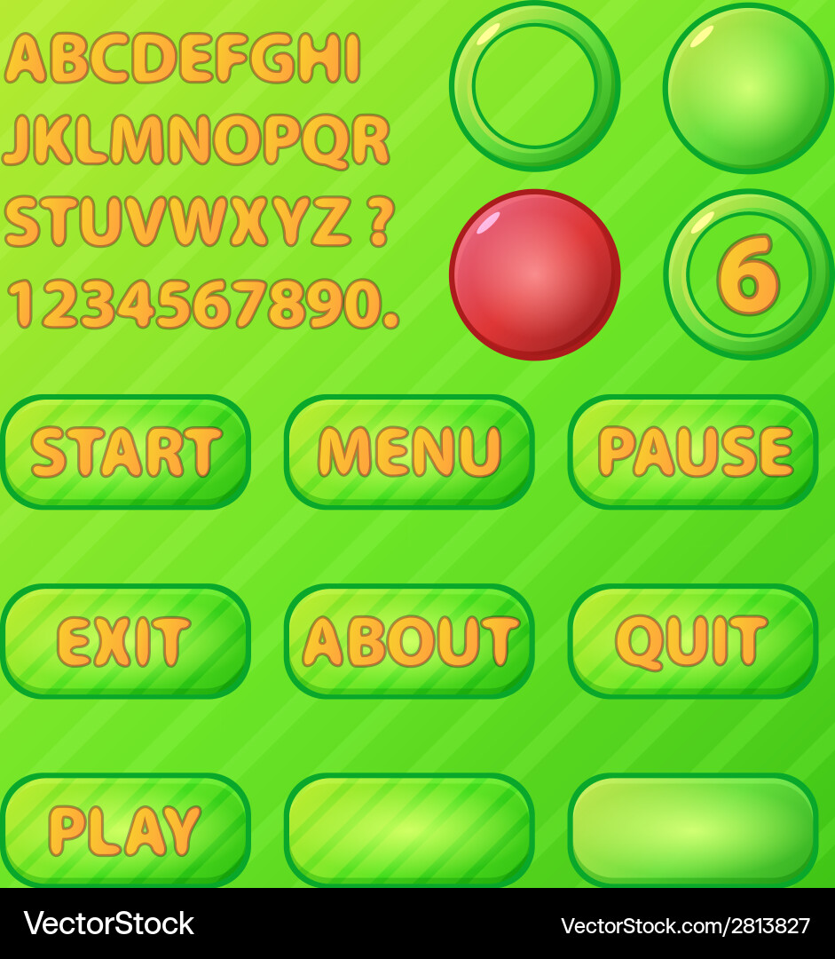 Game ui elements - green buttons and font for vector image