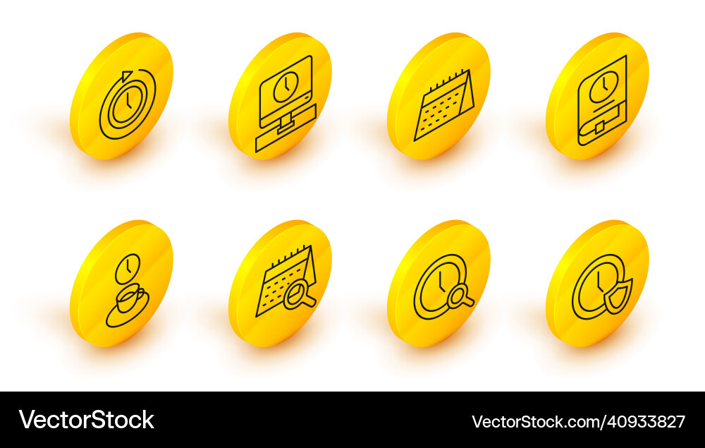 Set line clock with shield magnifying glass Set line clock with shield magnifying glass vector image