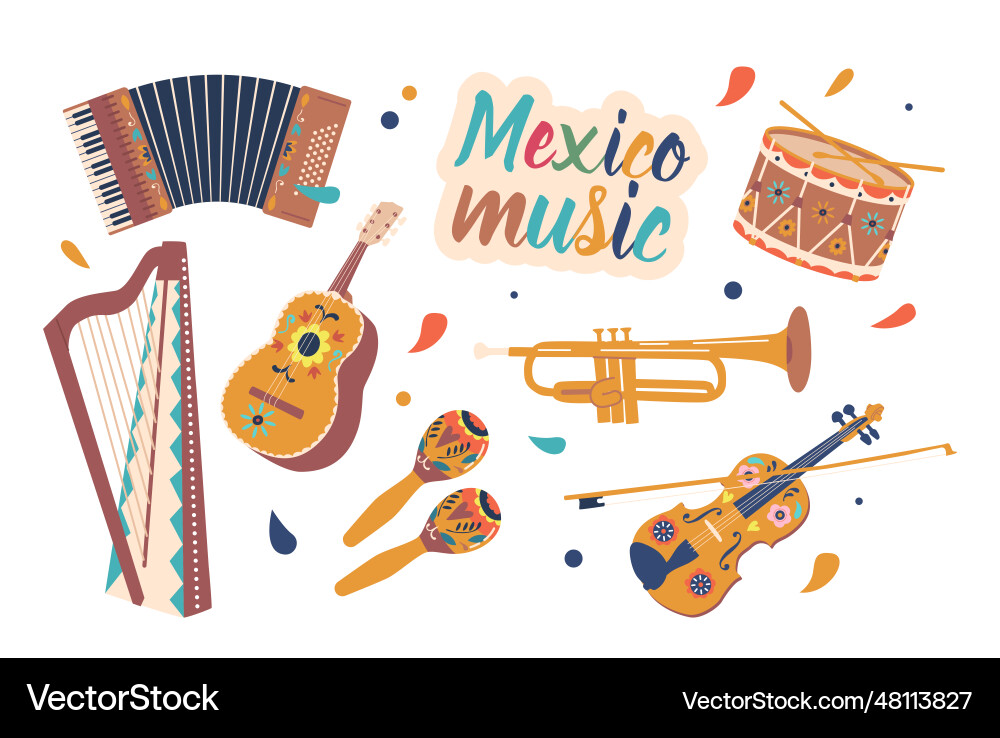 Set of mexican musical instruments mariachi Set of mexican musical instruments mariachi vector image