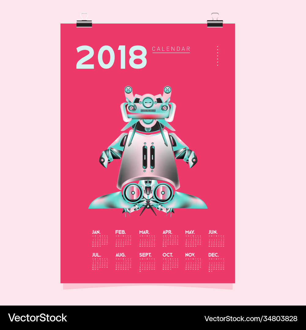 2018 calendar design template 3d realistic robot 2018 calendar design template 3d realistic robot vector image