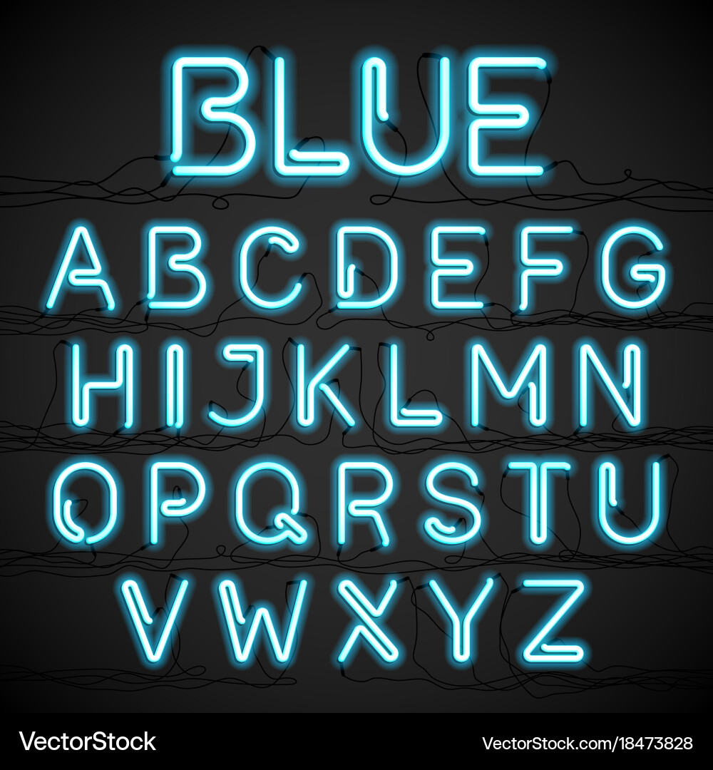 Blue neon light alphabet with cable vector image