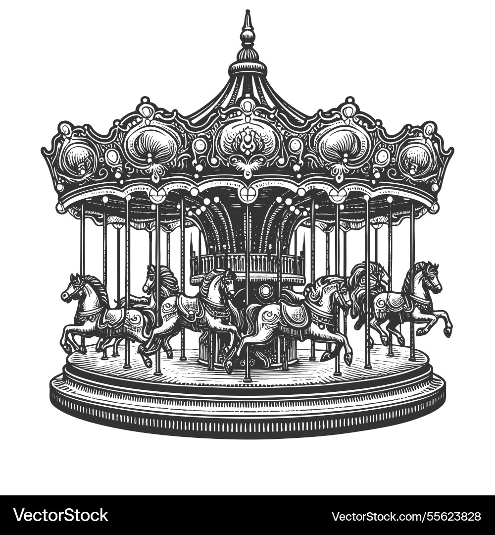 Vintage carousel with horses Vintage carousel with horses vector image