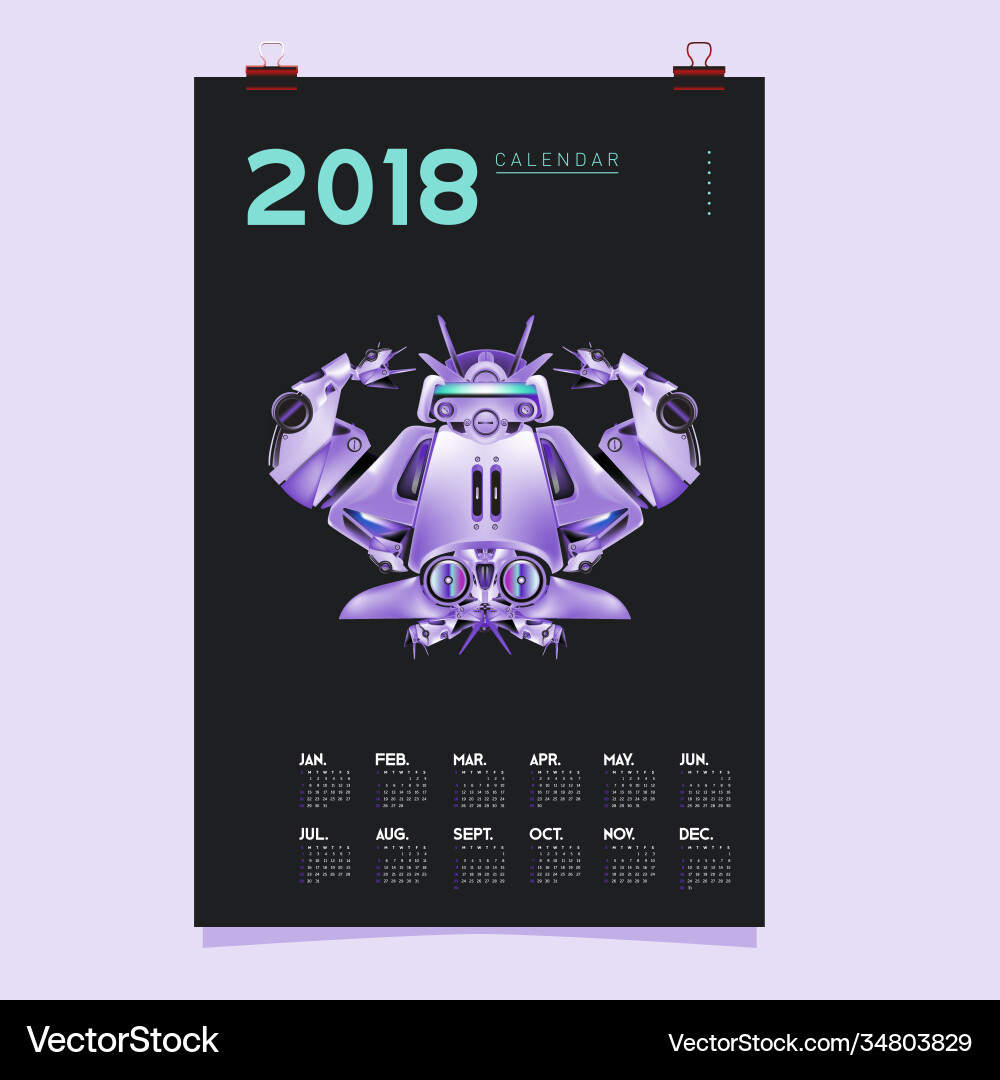 2018 calendar design template 3d realistic robot vector image