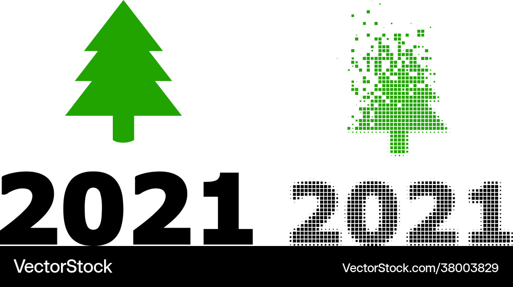 Disintegrating dot and original 2021 fir tree icon Disintegrating dot and original 2021 fir tree icon vector image